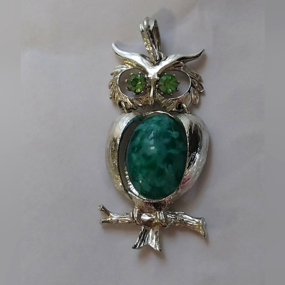 Uranium Glass Rhinestone Eyed Owl Pendant